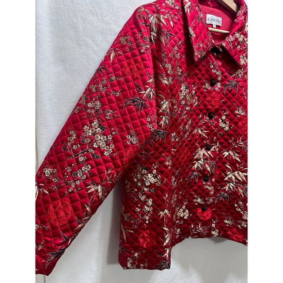 VTG KAKTUS Quilted Floral Red Gold Blk Silk Rayon Jacket 1X Lined Button Front - Picture 4 of 6